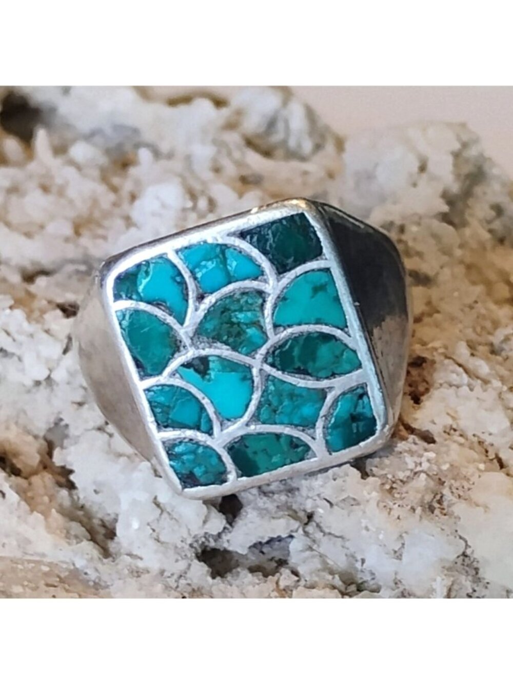 Old Zuni Sterling Silver Turquoise Fish Scale Inlay Square Ring Size 11.5
